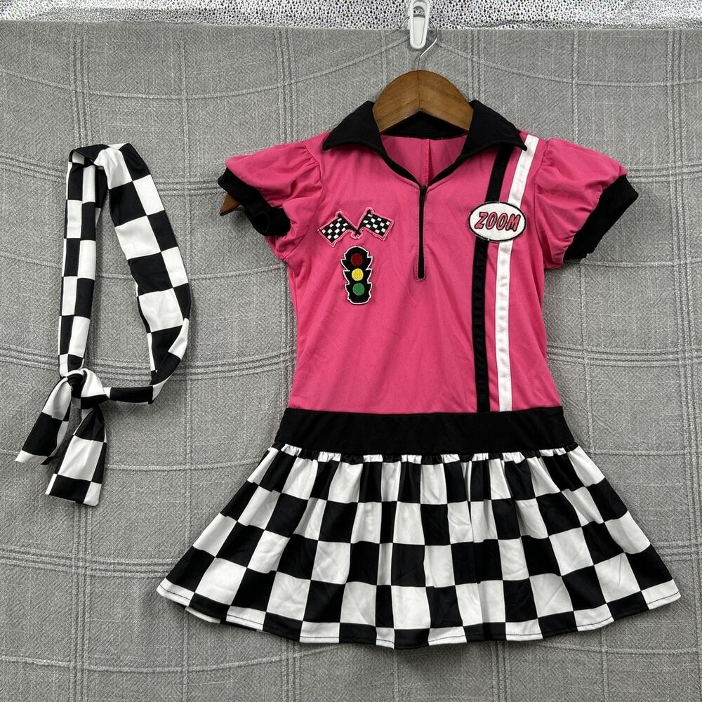 Grand Prix Race Car Driver Dress Costume Girl Small 4-6 Checkered Pink READ